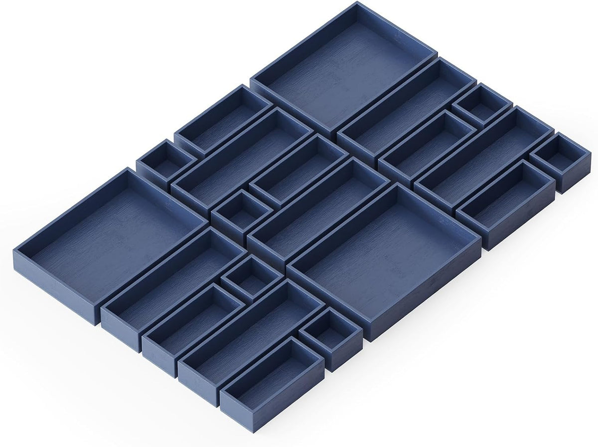 SpaceAid 21-Piece Bamboo Drawer Organizer Storage Boxes Set, Wood Tray Junk Drawer Organizers Multi-Use Divider Bins for Kitchen, Bathroom, Office Desk and Makeup Organization (21 Pack, Navy Blue)