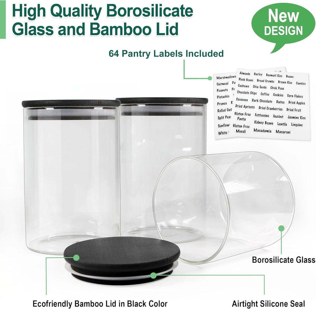 Urban Green Glass Jars with Black Lids, Glass food storage container sets with black lids, Airtight Canisters Sets with Bamboo Lids. Pantry Jar (3 Pack of 48oz)