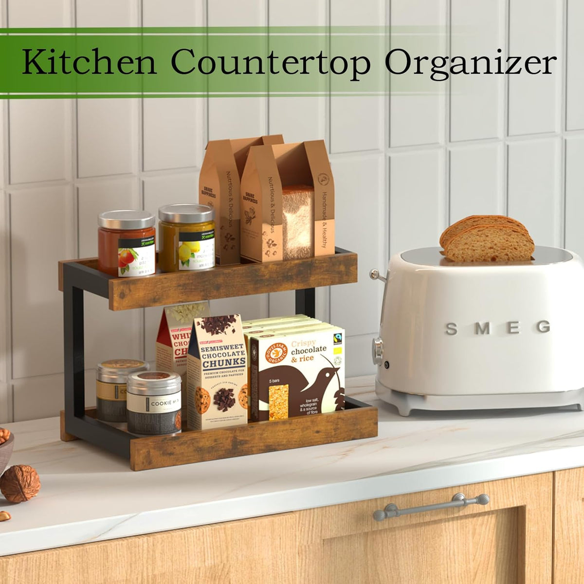 MARTY 2 Tier Spice Rack Organizer for Countertop, 15.8''L Coffee Station/Bathroom Organizer Countertop, Counter Shelf Desktop Storage Organizer for Kitchen, Bedroom, Office (Rustic Brown)