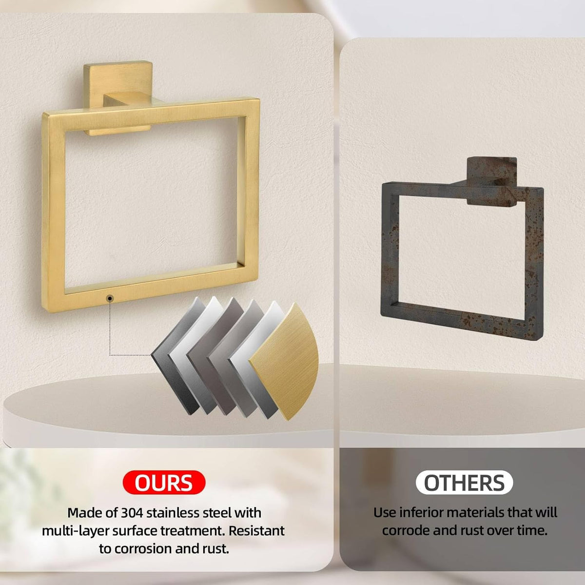 2-Piece Brushed Gold Square Towel Ring,Hand Towel Holder,SUS304 Stainless Steel Modern Towel Holder Wall-Mounted Bathroom Towel Ring