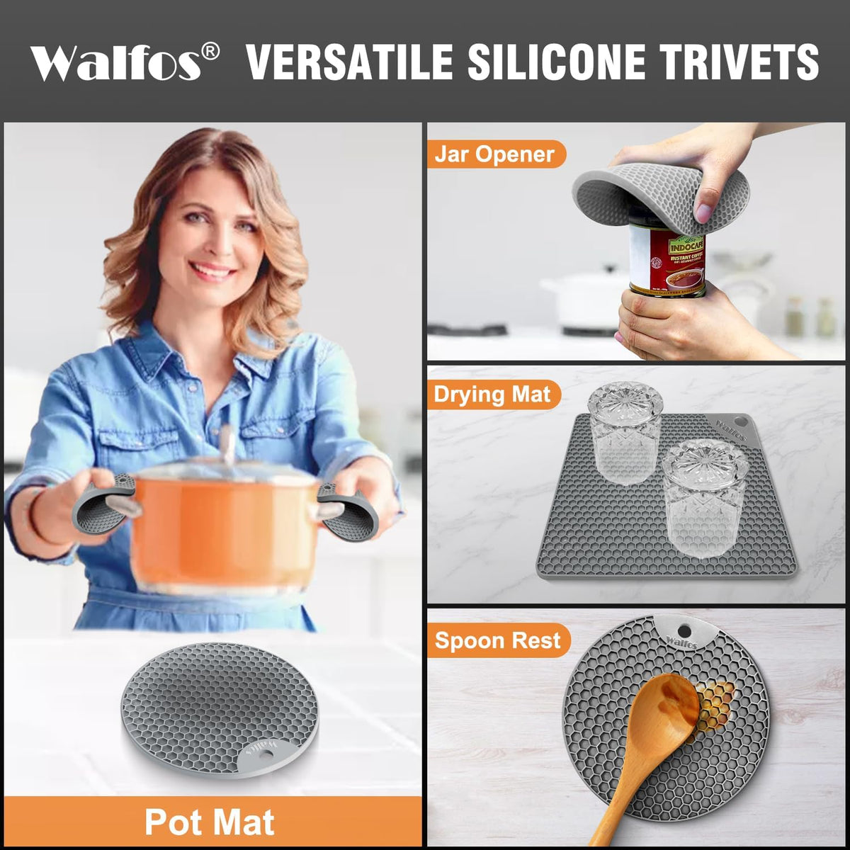 Walfos Silicone Trivet Mats - 4 Heat Resistant Pot Holders, Multipurpose Non-Slip Hot Pads for Kitchen Potholders, Hot Dishers, Jar Opener, Spoon Holder, Food Grade Silicone & BPA Free (Nordic Grey)