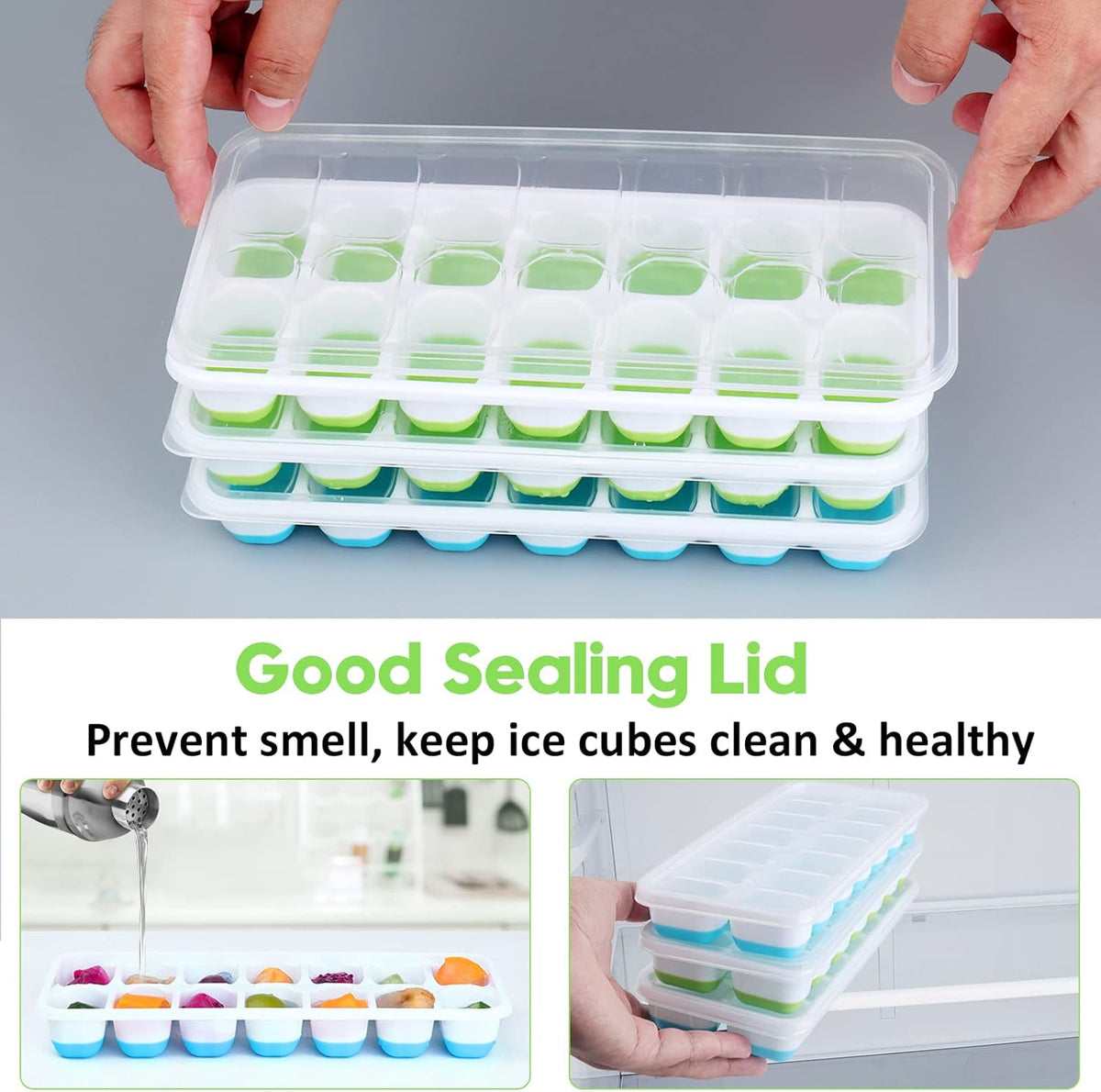 Silicone Ice Cube Tray, 8 Pack Easy-Release & Flexible 14-Ice Cube Trays with Spill-Resistant Removable Lid, Stackable Ice Trays with Covers for Freezer, Cocktail (4 Blue + 4 Green)
