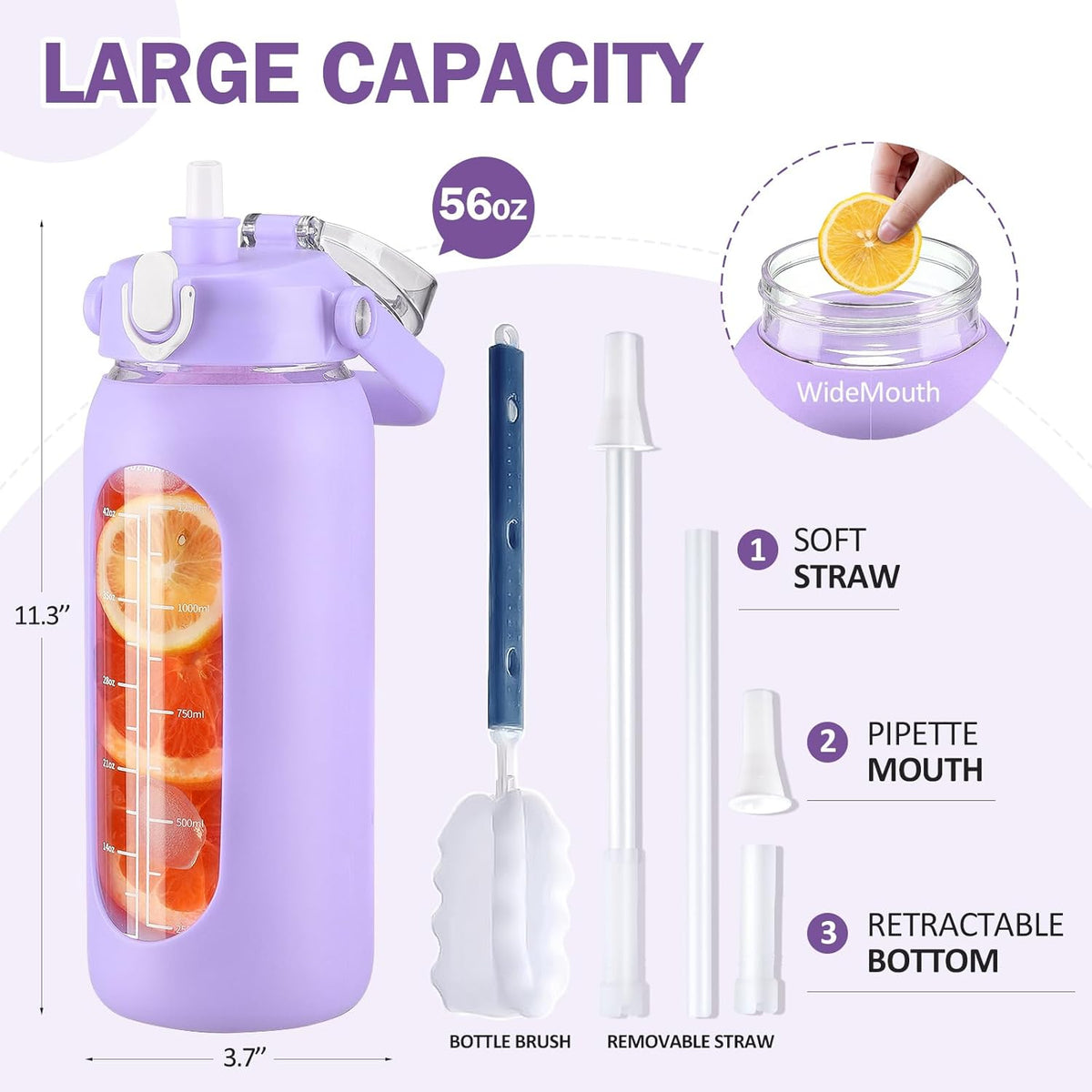 kytffu 56oz Glass Water Bottles with Straw, Motivational Glass Bottle with Silicone Sleeve and Time Marker, Leakproof Large Glass Water Jug for Gym Home Office,Purple