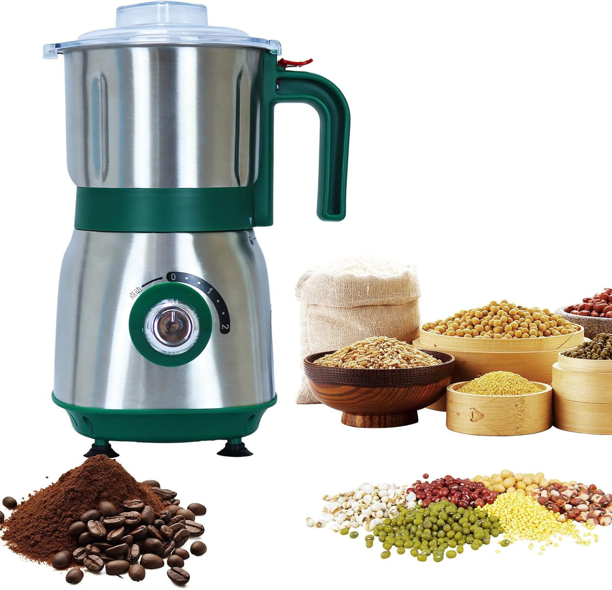 Electric Spice and Nut Grinders - 3 Stainless Steel Blades, 1 Filter, 1 Brush - 500W Grinder for Kitchen Dry Use (Green）