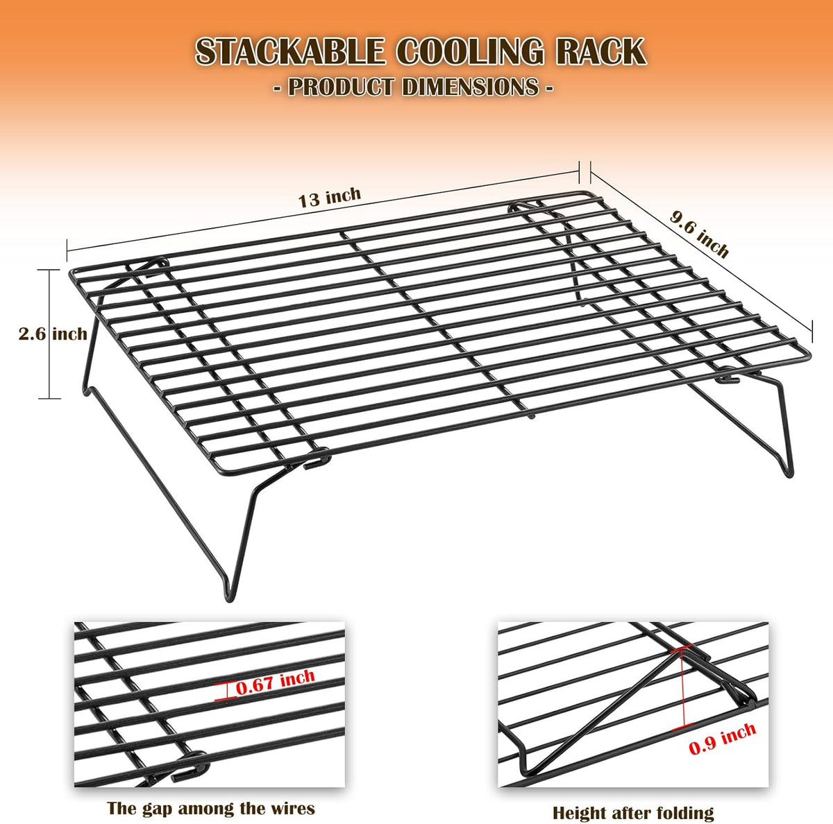 1Pcs Cooling Rack Baking, 13 x 9.6 inches Stackable Baking Rack for Oven Cooking, Heavy Duty Stainless Steel Wire Rack for Baking, Oven & Dishwasher Safe - Black
