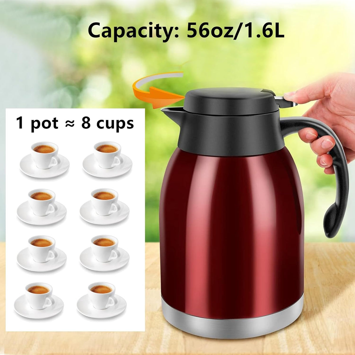 54oz Thermal Coffee Carafe, Stainless Steel Insulated Thermal, Double Wall Vacuum Flask, Small Coffee Carafe for Keeping Hot or Cold Drinks, Coffee, Tea (Bright Red)