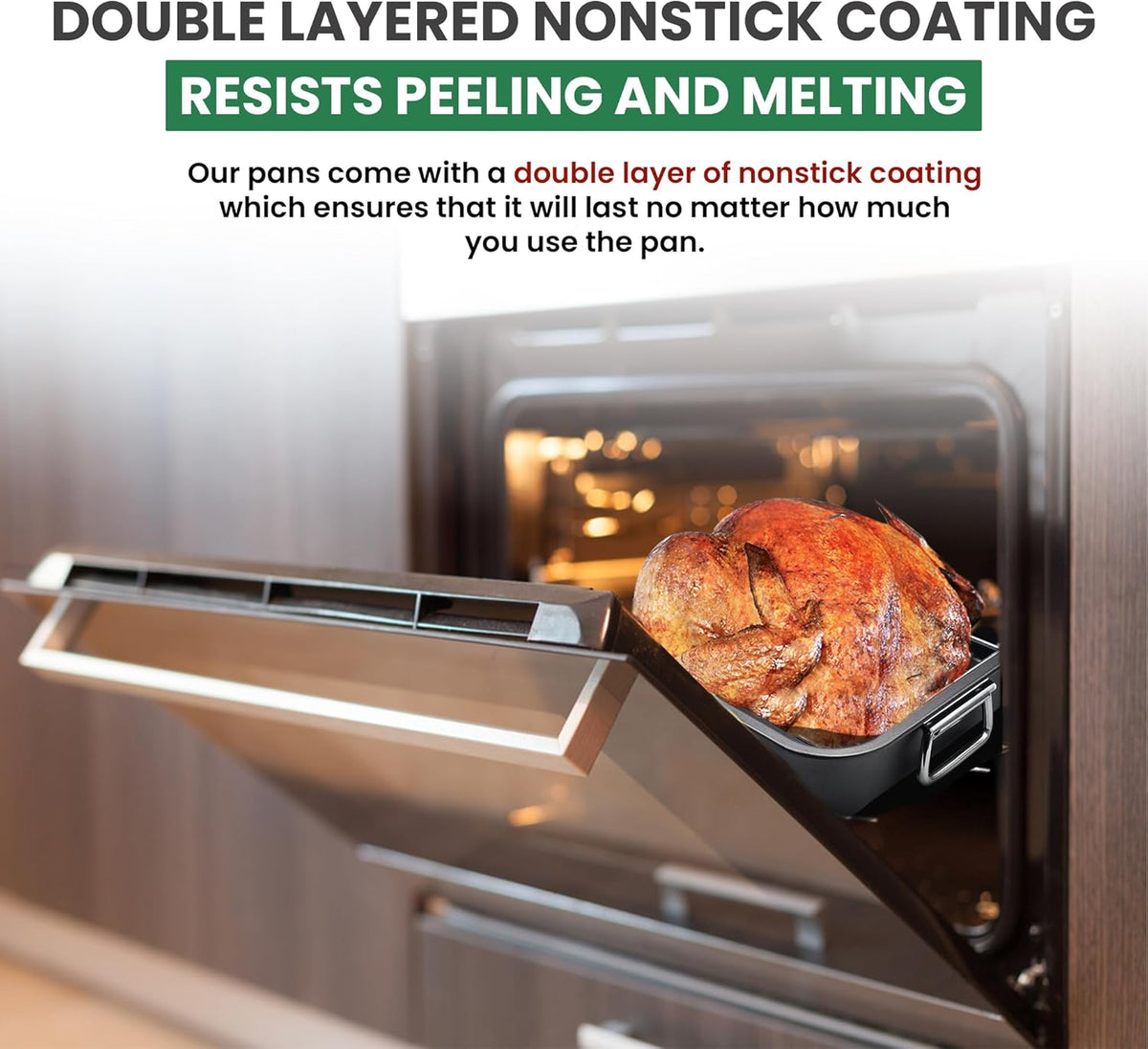Large Roasting Pan With Rack 12” x 16” - Non Stick Large Roaster Pan and V-Rack With Foldable Handles - Roasting Pans for Ovens to Elevate Food for Even Heating - Dishwasher Safe Turkey Roast Pot