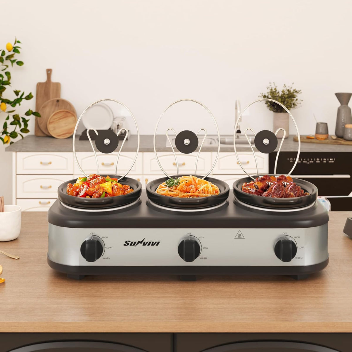 Sunvivi Triple Slow Cooker, Buffet Server and Food Warmer, Small Mini Pot with 3 Adjustable Temp & 3 Visible Glass Lids, for Parties, Holidays and Entertaining, Stainless Steel, 3 * 1.5 Quarts