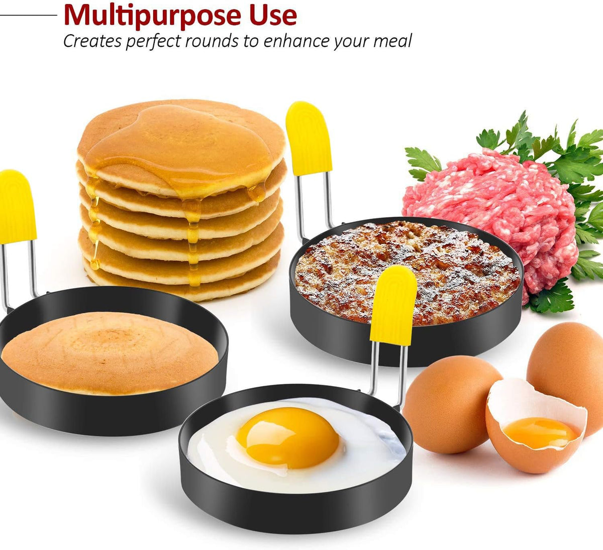 Egg Ring for Frying Eggs and English Muffin - Round Egg Shaper Mold with Anti-scald Handle - Stainless Steel Non-stick Egg Cooker Ring - 4 Pack