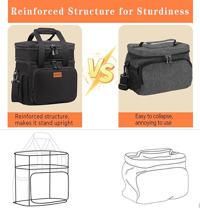 Expandable XLarge Lunch Box, Insulated Heavy Duty Lunch Bag Waterproof Leakproof Durable Cooler Bag for Men Women Adults Work Construction Camping Trip, 22L, Black, GLENKEY