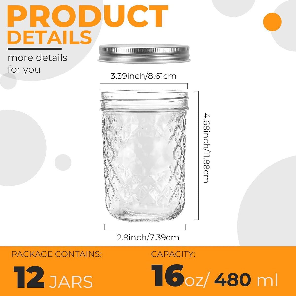 Eathtek 16oz Wide Mouth Glass Mason Jars 12 Pack, 480 ml Glass Canning Jars with Airtight Lids, Ideal for Salad, Meal Prep, Perserving,Pickling, Jam, Honey With Lids