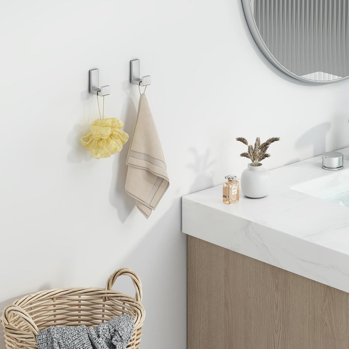 Angle Simple Bathroom Towel Hooks, SUS 304 Stainless Steel Compact Robe Coat Hooks for Wall, Brushed Nickel, 2 Pack