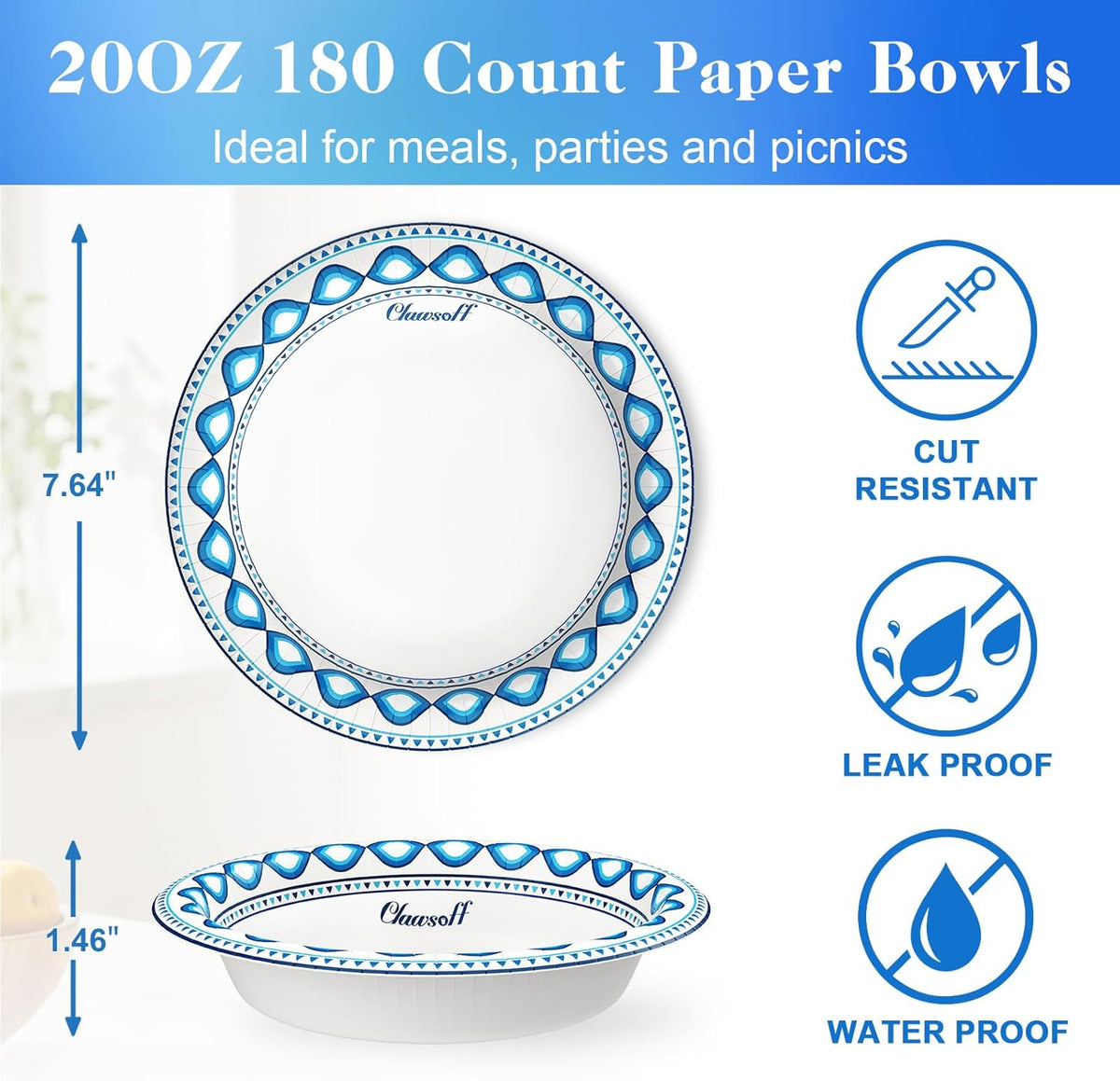 20 oz 180 Pack Paper Bowls Bulk, Soak Proof Heavy Duty Paper Bowls, Cut Proof Small Soup Bowl, Disposable Bowl for Party, Birthday and Picnic