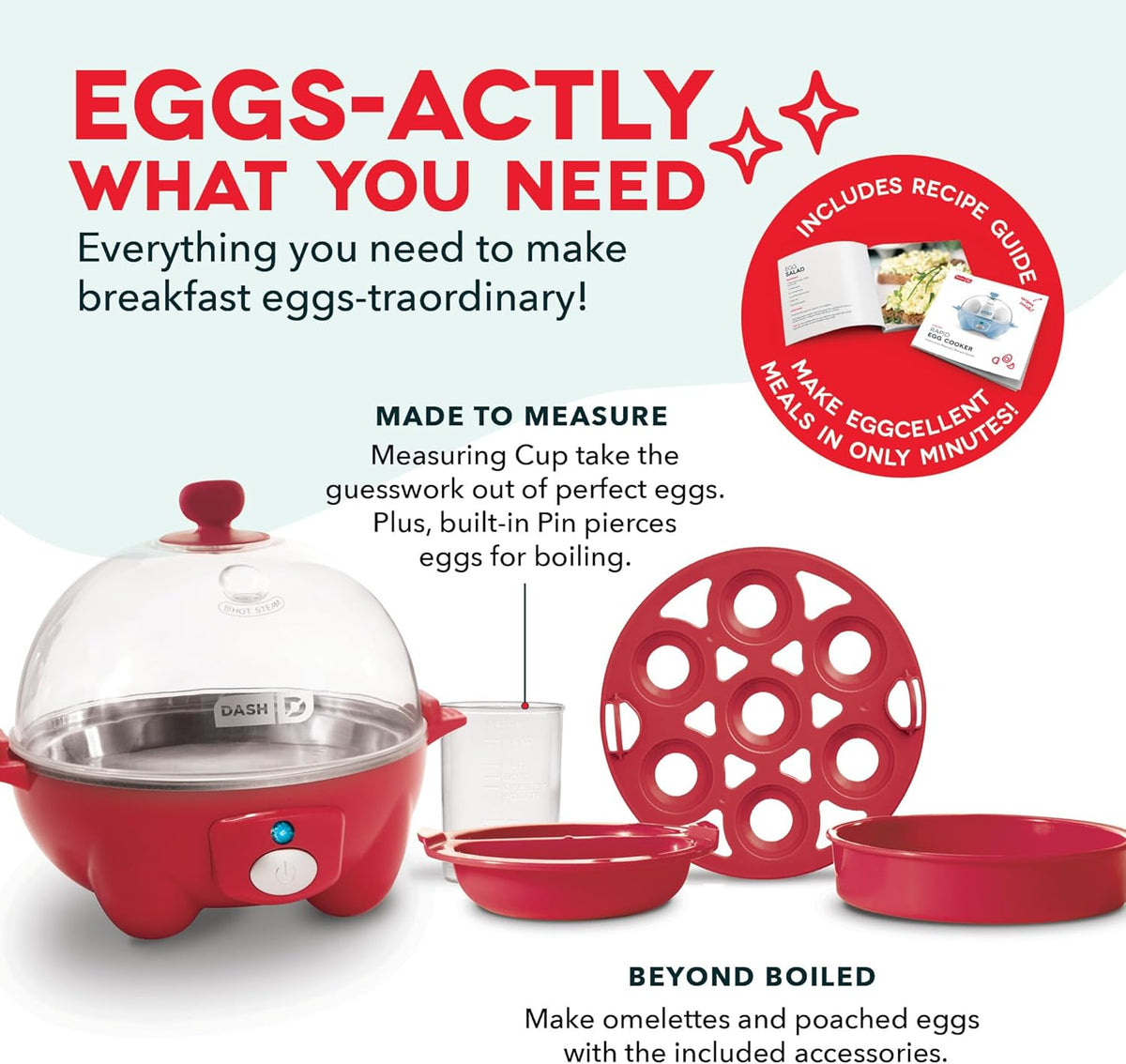 DASH Rapid Egg Cooker: 7 Egg Capacity Electric Egg Cooker for Hard Boiled Eggs, Poached Eggs, Scrambled Eggs, or Omelets with Auto Shut Off Feature - Red
