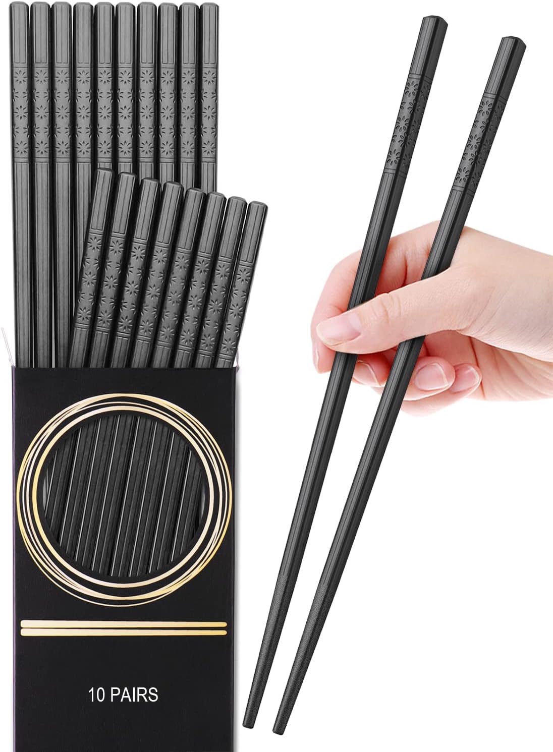 GLAMFIELDS 10 Pairs Fiberglass Chopsticks, Reusable Japanese Chinese Chop Sticks Dishwasher Safe, Non-Slip, 9 1/2 inches
