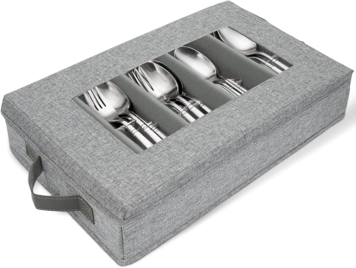 HOMELUX THEORY Flatware Storage Hard Shell China Storage Containers - Light Gray Silverware Organizer, Cutlery & Silverware Storage Box with 5 Dividers & Lid, Heavy Duty Moving Box with Handles