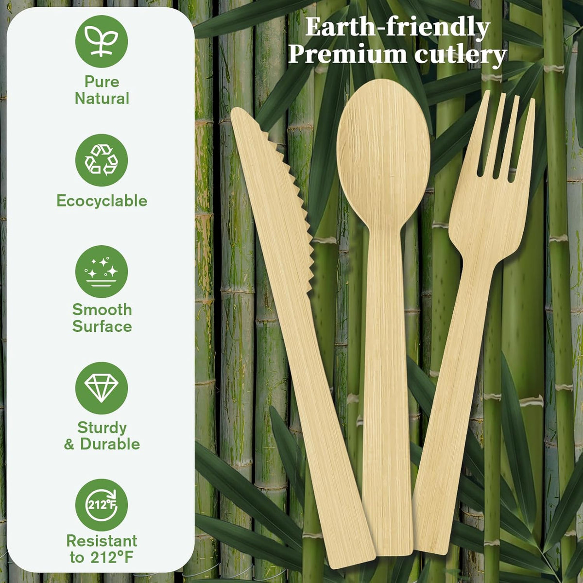ECOLipak 300 Count Bamboo Cutlery Set, 100 Knives, Forks and Spoons each, No Splinters Disposable Cutlery Set Compostable Utensils for Party, Camping, Traveling, Family Dinners
