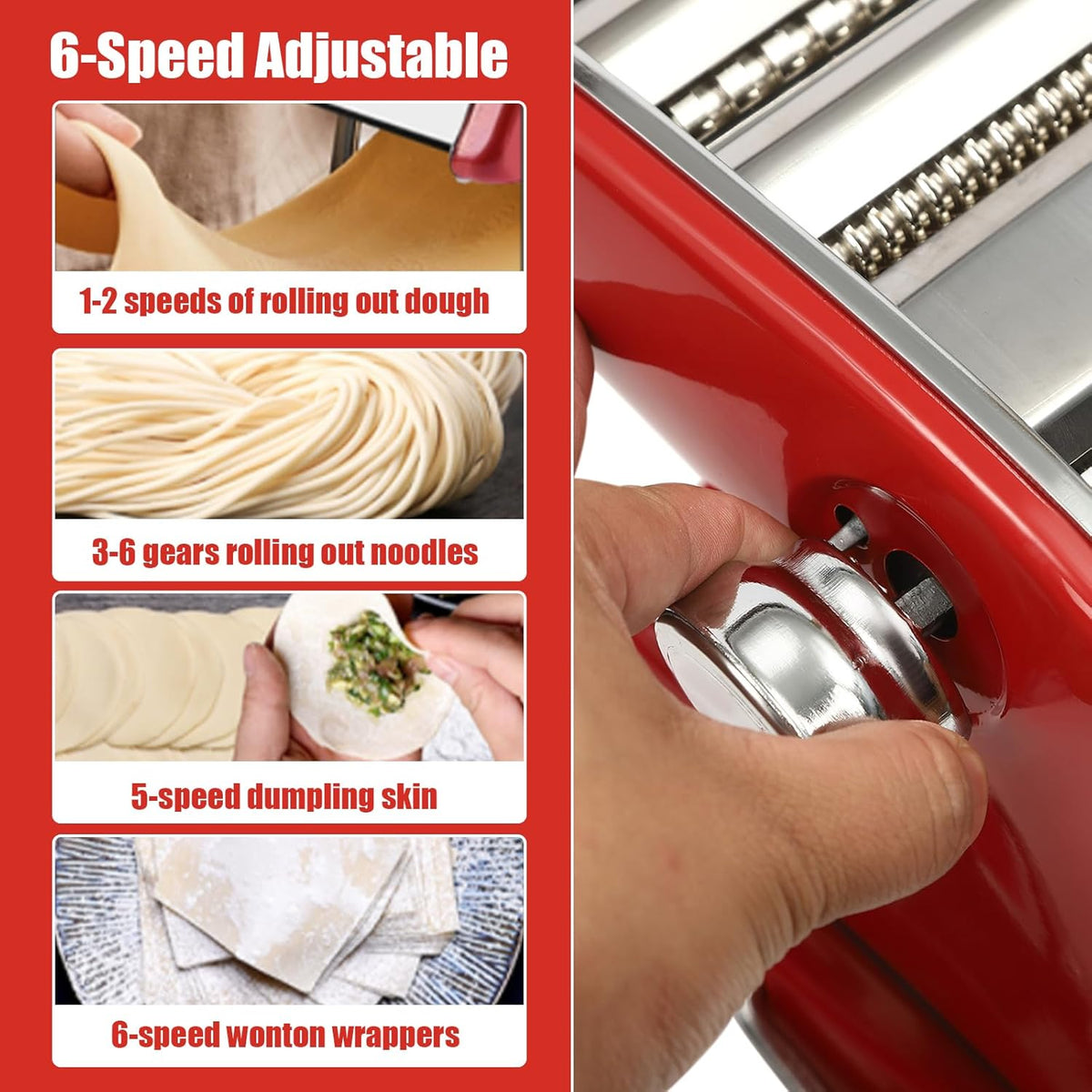 Pasta Maker Machine-6 Adjustable Thickness Settings, Adjustable Clamp, stainless steel Construction for Spaghetti, Fettuccini, Lasagna, Dumpling Skins (Red pasta maker)