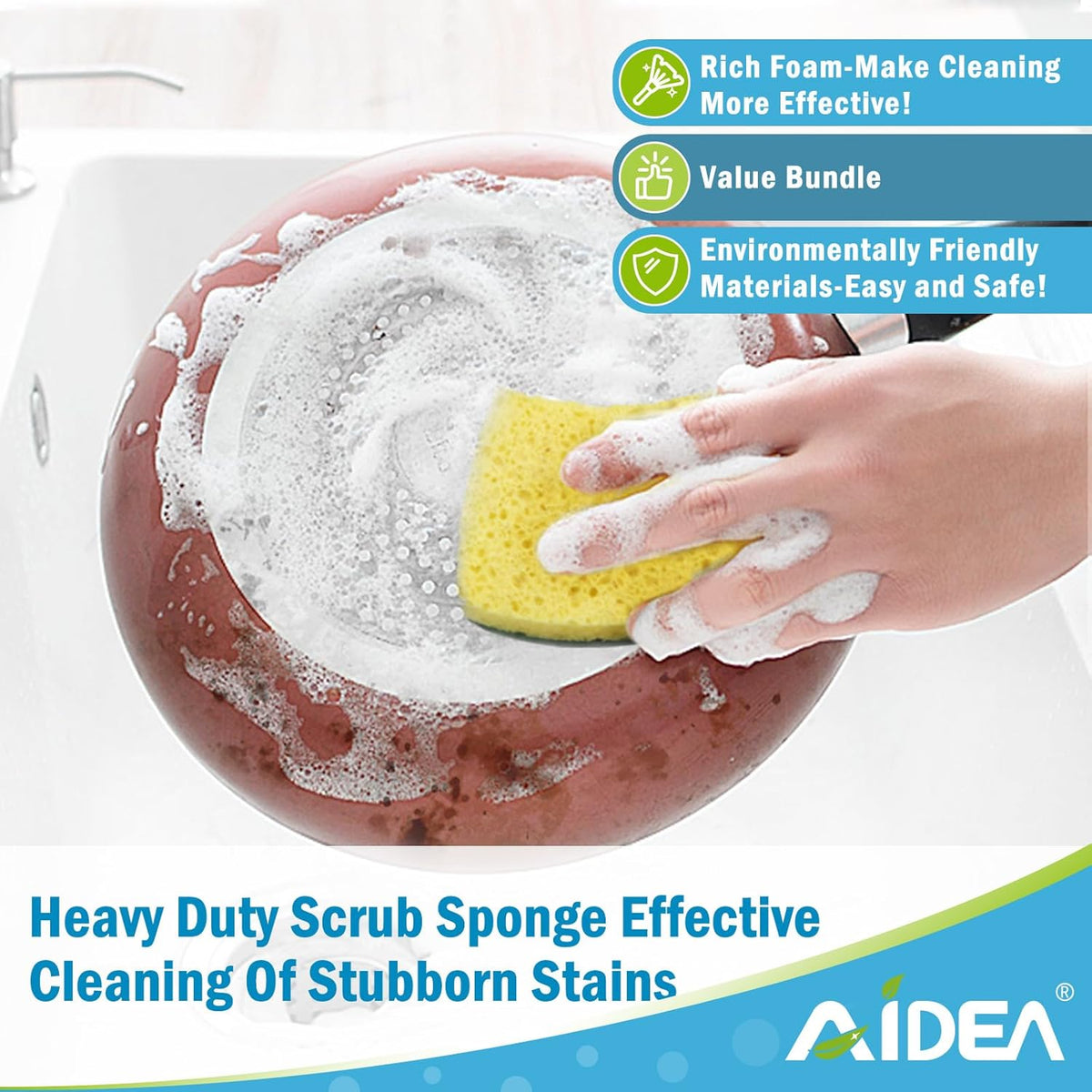 AIDEA Sponges Kitchen, Heavy Duty Scrub Sponge, 6Count, Sponges for Dishes, Cellulose Kitchen Sponge, Scrubbing Power for Tough Messes, Cleaning Power for Non Coated Cookware, Dishes, Pots, Pans