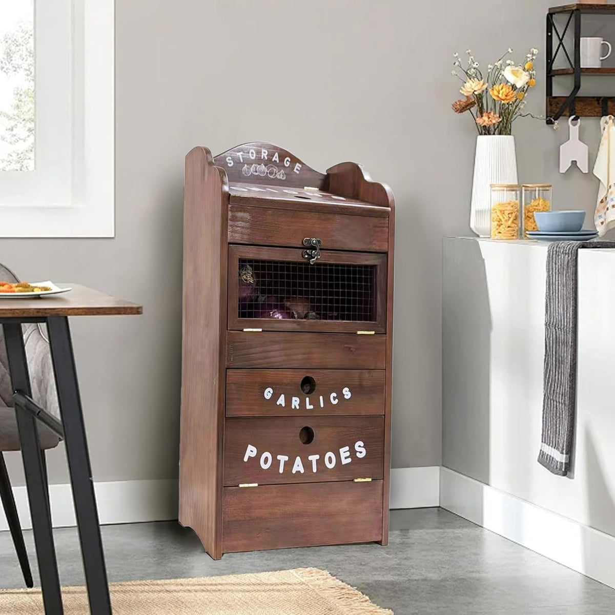 ARTAWEIN Pine Wood Veggie Bin for Potato, Onion and 1 Garlic Drawer Vegetable Box for Kitchen Storage, Solid Wood Vegetable Bin 13.77" L X 7.1" W X 29.3" H (Rustic Walnut)