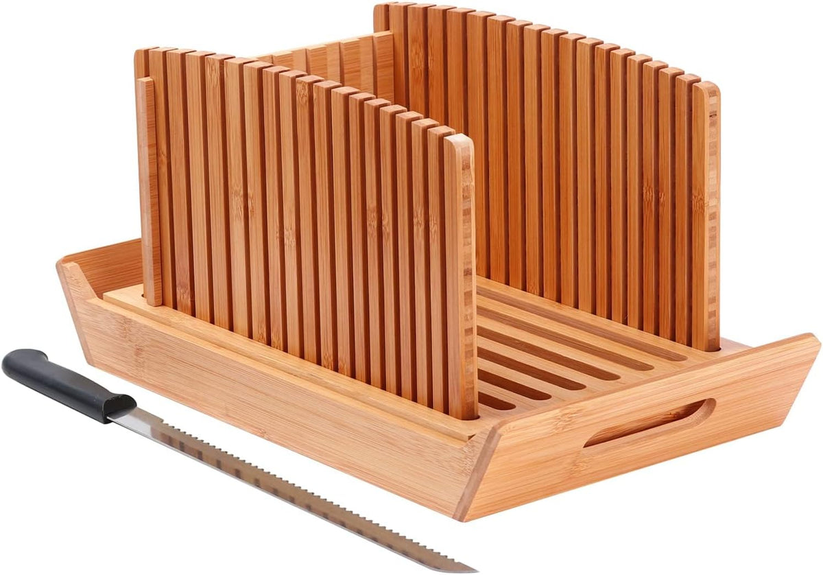 Bread Slicer for Homemade Bread, Bamboo Loaf Cutter with Knife and Crumb Catcher, Adjustable Foldable and Compact Cutting Guide 3 Size Slicing Guide