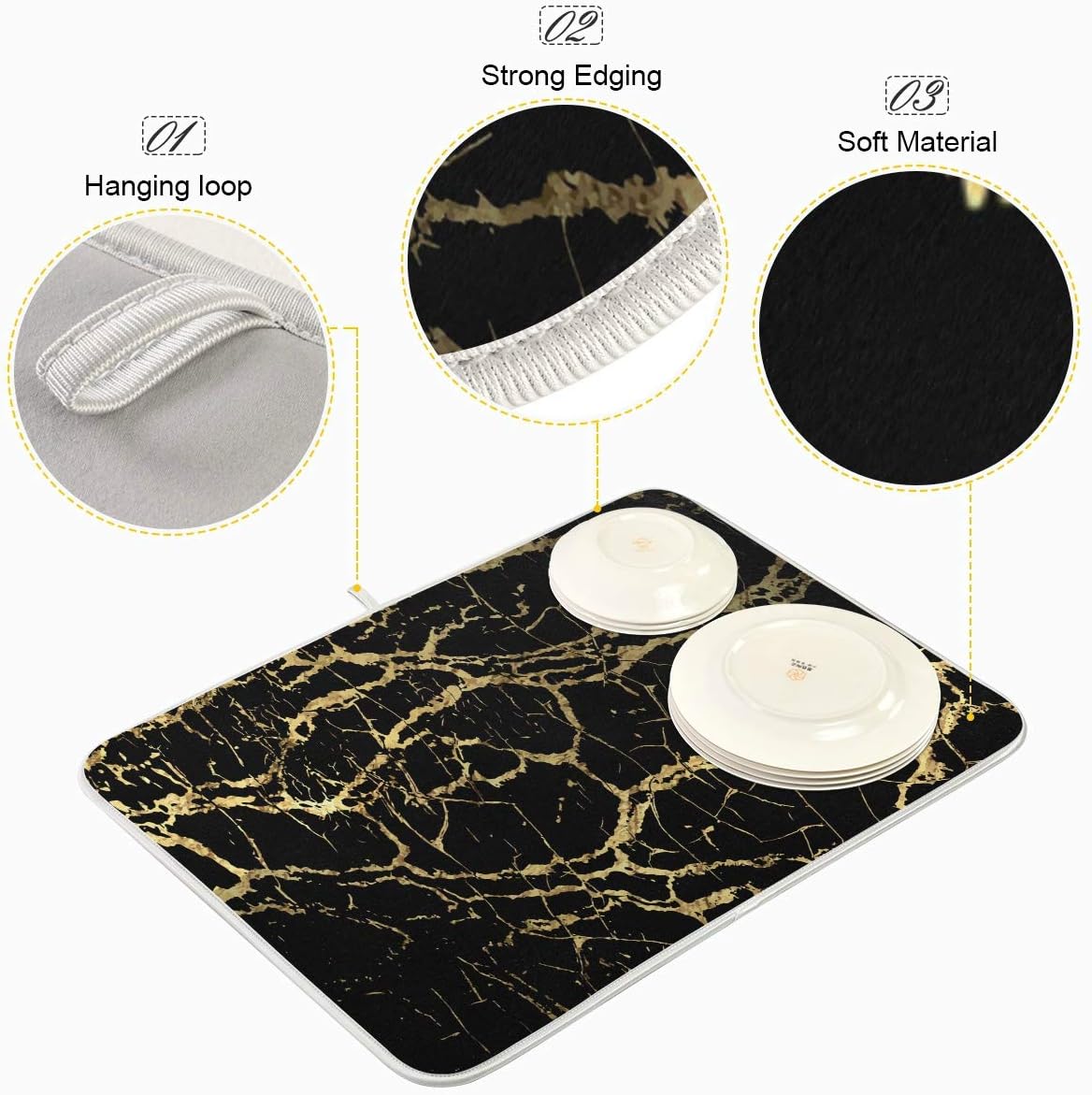 Super Absorbent Dish Drying Mat, Microfiber Fast-Drying Dish Mat, 24" x 18", Kitchen Dish Drying Pad, Black Gold Marble