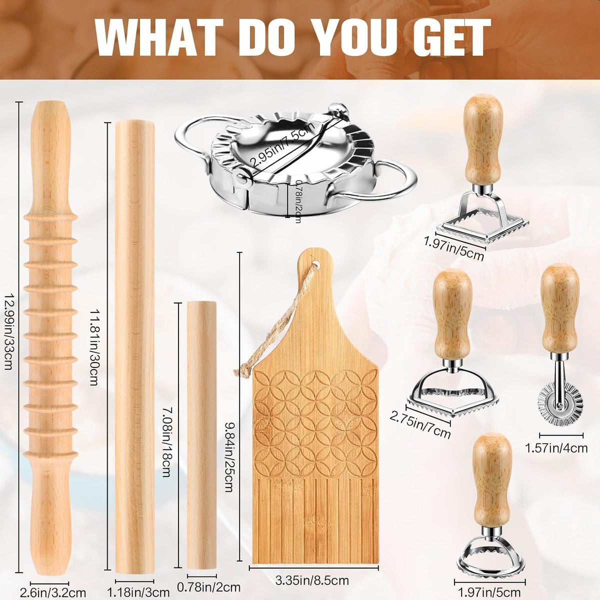 9 Pcs Gnocchi Pasta Making Tools kit - Gnocchi Board, Pasta Cutter, Ravioli Stamp, Wood Threaded Pasta Roller Pin Set, Noodle and Dumplings Maker, Homemade Kitchen Gift for Pasta Lovers