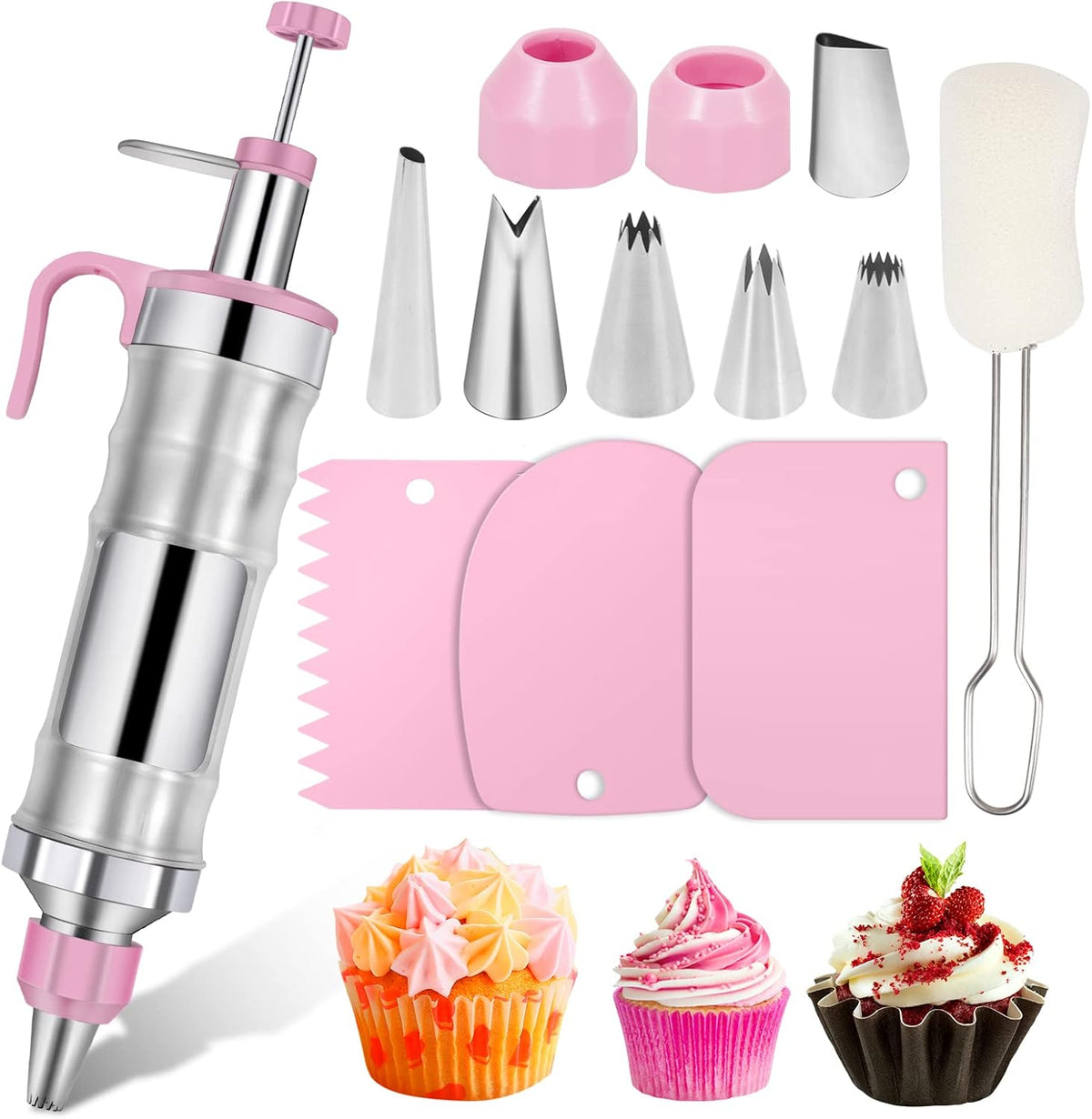 Dualshine Pink Cake Decorating Kit - 6 Russian Piping Icing Nozzles, 3 Cream Scrapers, Stainless Steel Cupcake Frosting Filling Injector