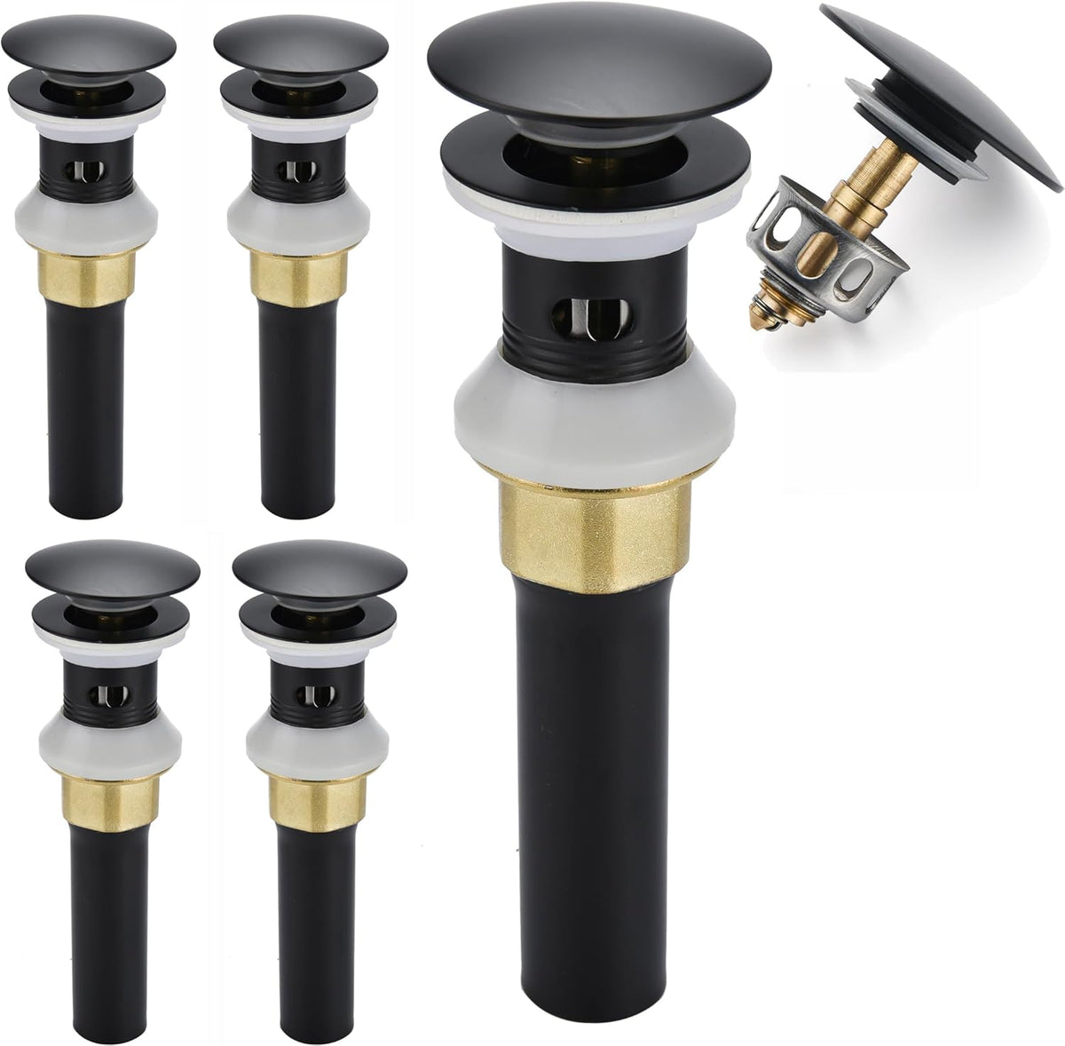 Bathroom Sink Drain,5 Pack Drain Stopper Bathroom Sink with Overflow,Pop Up Drain Assembly with Detachable Strainer Basket,Built-in Anti-Clogging Strainer,Stainless Steel Mattle Black