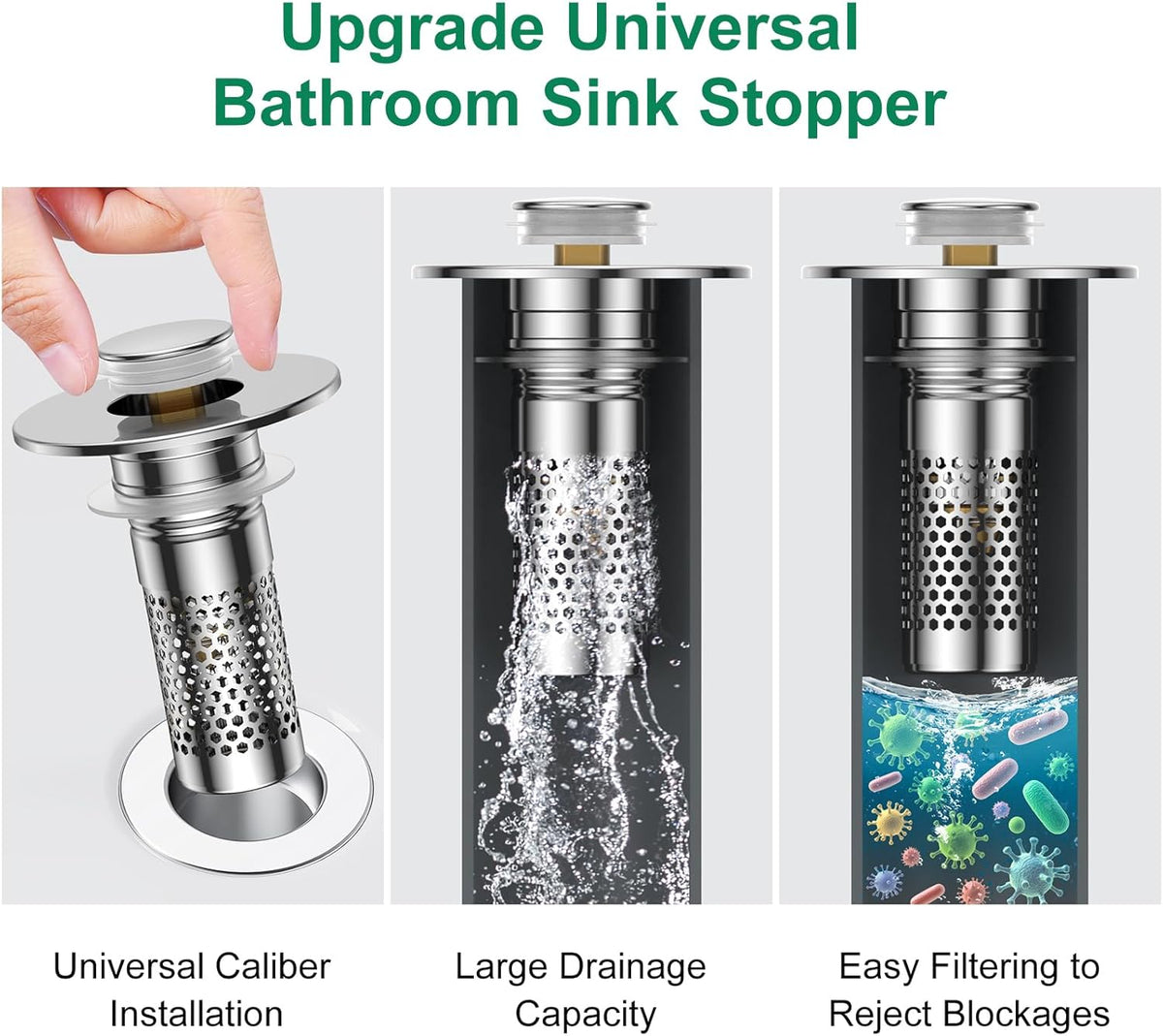 Bathroom Sink Drain Strainer,Universal Pop-Up Sink Stopper Hair Catcher, Stainless Steel Anti-Clog Drain Filter Basket, Removable Sink Drain for Bathroom Sink Stopper Replacement (Silver-4pcs)