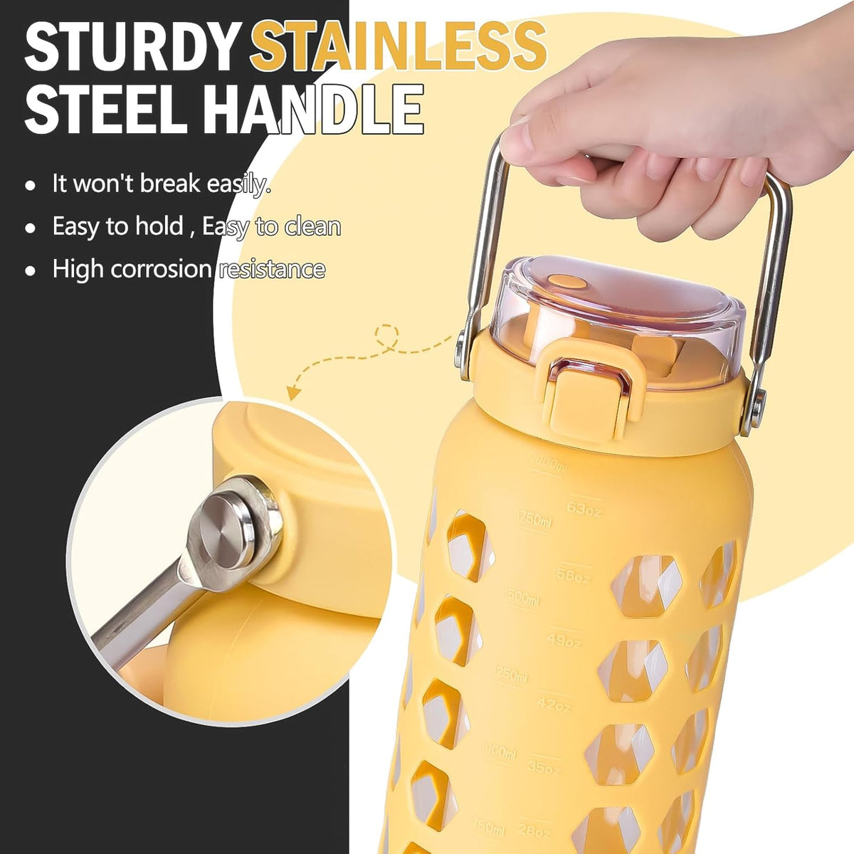 MUKOKO 64oz Glass Water Bottles with Straw and Lid,Half Gallon Water Bottle with Time Marker,Large Glass Water Jug with Silicone Sleeve and Stainless Steel Handle-Yellow