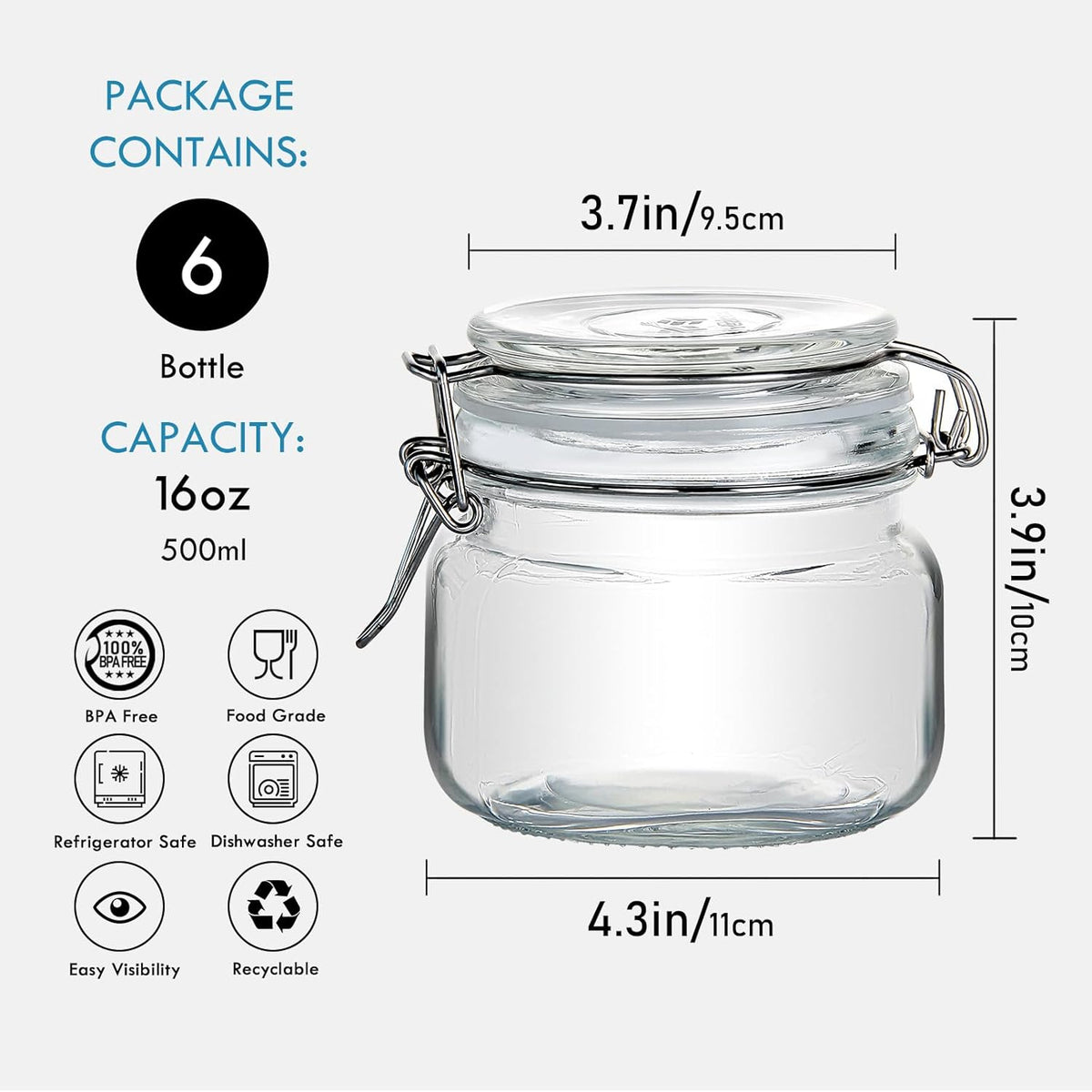 YEBODA 16oz Food Storage Canister Glass Jars with Clamp Airtight Lids and Silicone Gaskets for Multi-Purpose Kitchen Containers - Clear Square (6 Pack)