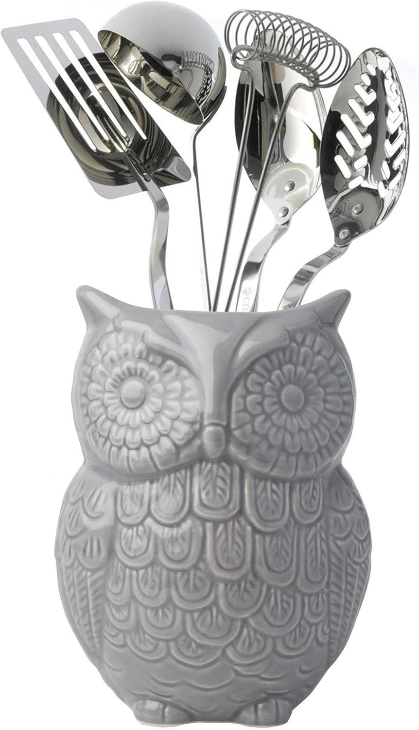 Owl Utensil Holder Decorative Ceramic Cookware Crock & Organizer, in Lovely Grey Color - Utensil Caddy and Perfect Kitchen Ceramic Decor Gift - 5" L x 7" H x 4" W