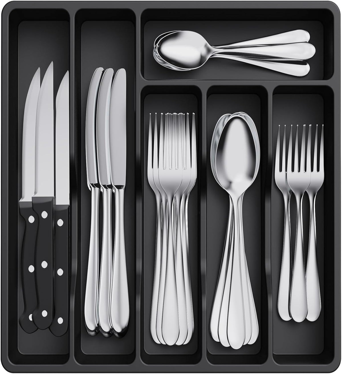 Lifewit Silverware Drawer Organizer Tray, Plastic Cutlery Storage for Kitchen Drawer, Flatware and Utensil Holder Divider for Spoons Forks Knives Tableware, 6 Compartment, Black
