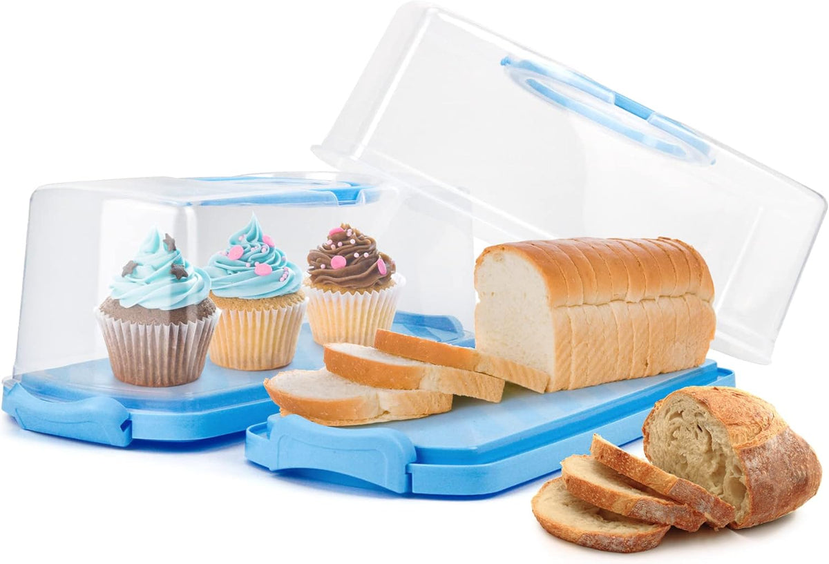 2-Pack Plastic Rectangular Bread Box with Clear Lid, Loaf Cake Keeper, Portable Bread Keeper Storage Container with Handle (Blue)