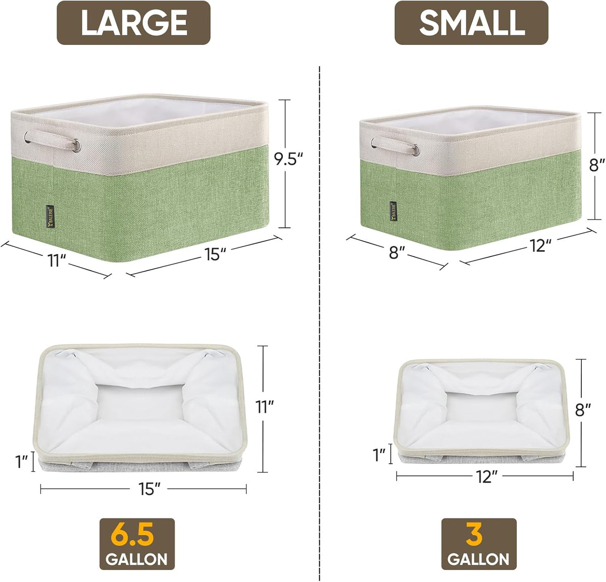 BALEINE 3 Pack Fabric Storage Bins for Shelves, Linen Storage Baskets for Organizing, Decorative Closet Bins for Clothes, Home (Green, 12"x8"x8")
