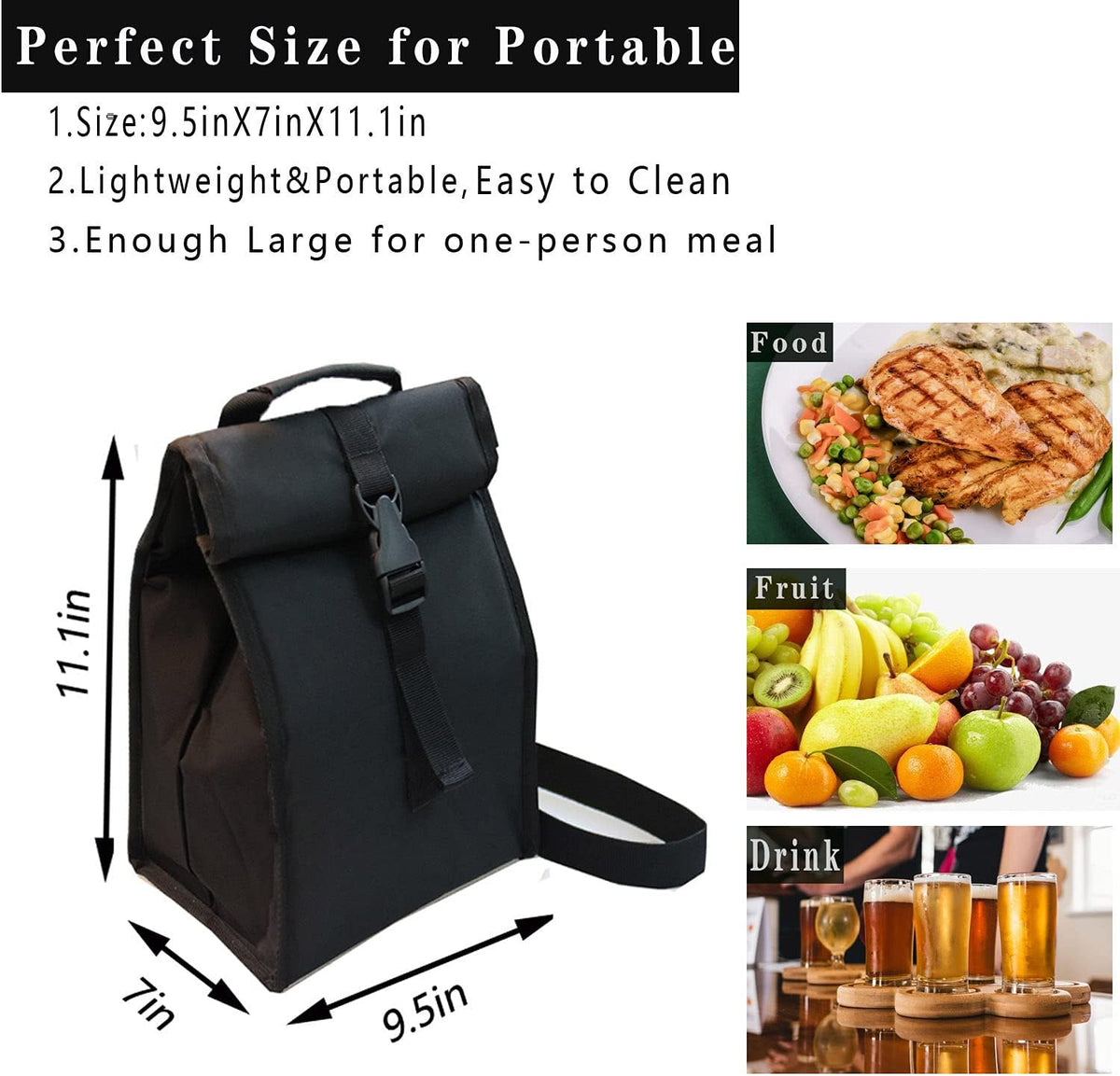 Insulated Foldable Lunch Bag With Ajustable Strap- Lightweight Portable Lunch Box for Men, Women, Office, Work, Picnic, Hiking and Beach (Black(Hard Fabric))