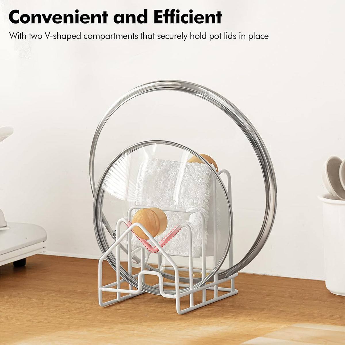 Poeland Kitchen Pot Lid Organizer, Pan Rack with 4 Compartments, Pantry Organizer Rack for Dinnerware, Bakeware, Cookware, Cutting Boards, Pan Lids (Small Size, White)