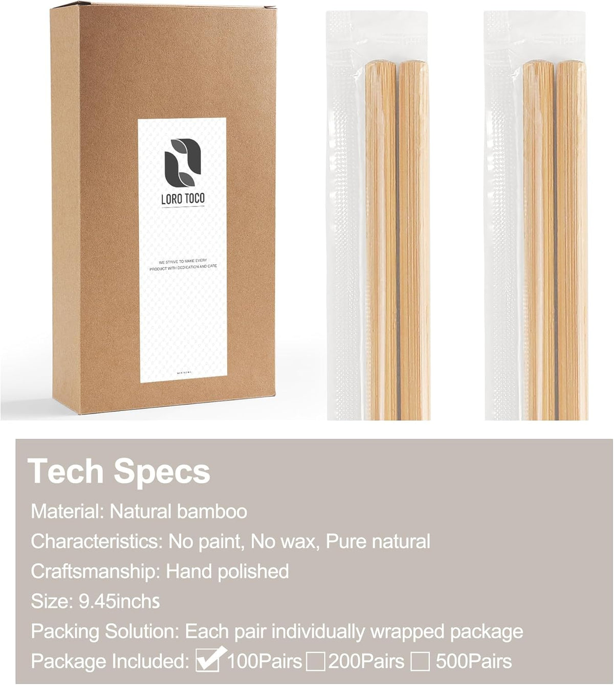 100Pairs Bamboo Chopsticks Disposable | Individually Wrapped | Bulk | Separated | Round | Premium Quality-（9.45in)