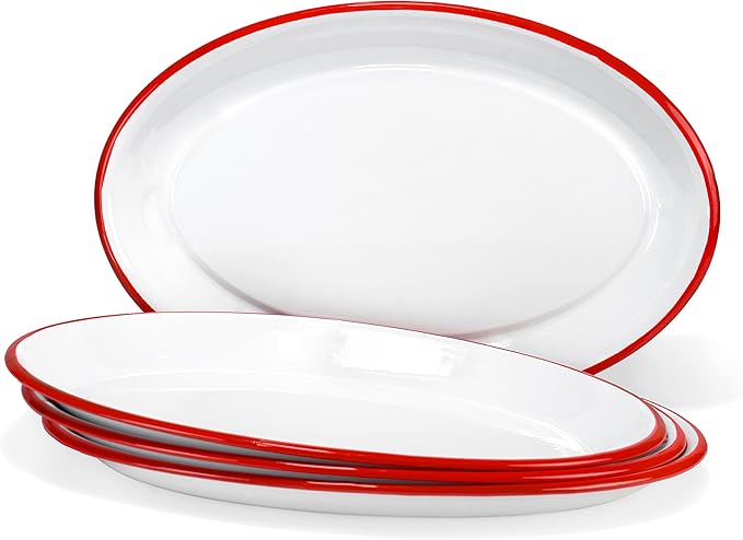Red Co. Set of 4 Enamelware Metal Classic 13" Serving Oval Tray Platter, Solid White/Red Rim