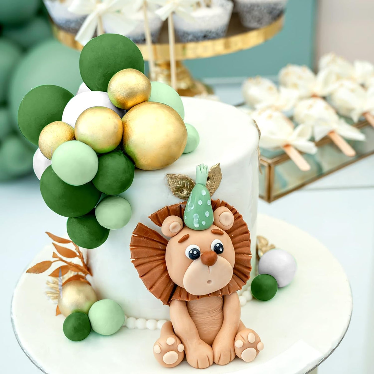 48 Pcs Cake Topper Decorations - Balloon Cupcake Toppers, Foam Balls for Birthday Party Wedding Cake Decorating (Green, Light Green, White, Gold)