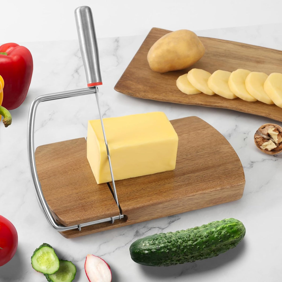 Multipurpose Cheese Slicer Cutter, Acacia Wood Cheese Slicers Board with Blade for Block Cheese, Effortless Slicing, Guillotine Sausage Ham Biltong Jerky Slicer
