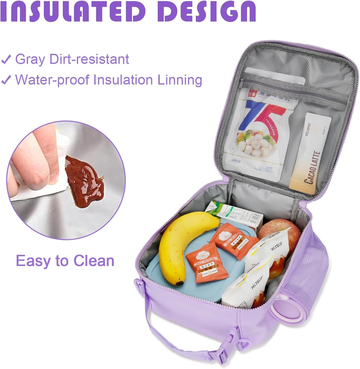 Initial Insulated Lunch Bag for Girls Kids, Back to School Gift, Reusable Leak-proof Lunch Box with Adjustable Strap for School Daycare Travel Picnic (Purple,V)