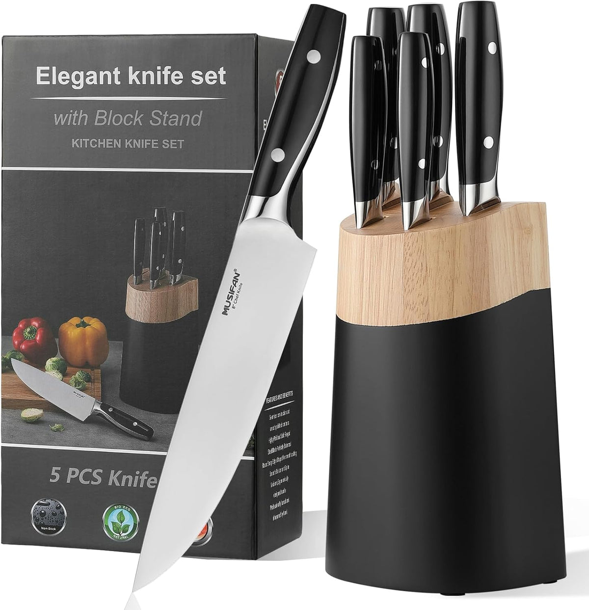 6-Piece Knife Block Sets，Stainless Steel Kitchen Knife Set with Block – High Carbon Black Knives, Dishwasher Safe，Holiday Gift