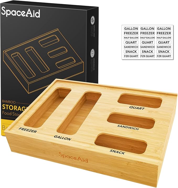 SpaceAid Bag Storage Organizer for Kitchen Drawer, Bamboo Organizer, Compatible with Gallon, Quart, Sandwich and Snack Variety Size Bag (1 Box 5 Slots)