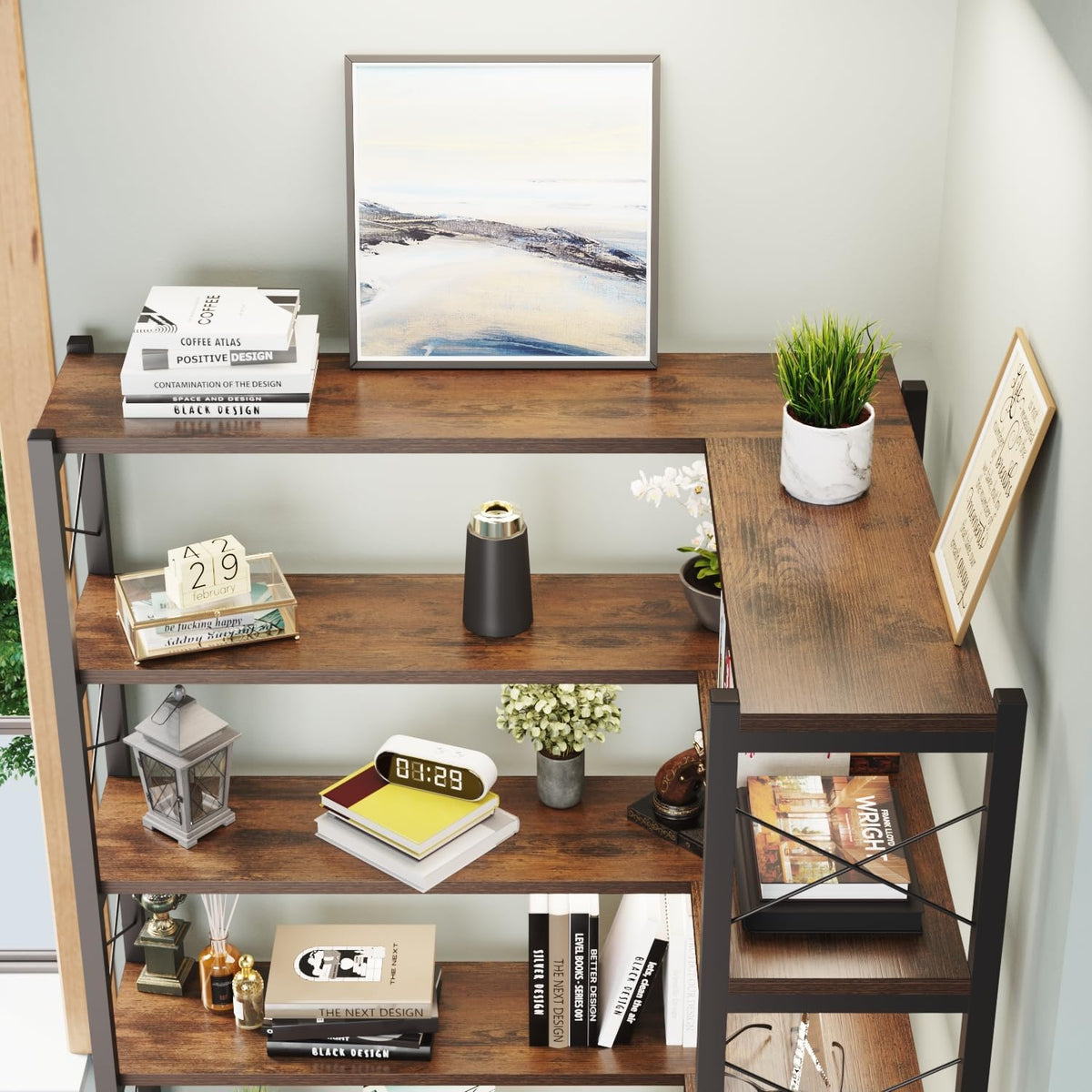 Corner Bookshelves and Bookcases Industrial Corner Etagere Bookcase L Shaped Shelf 6 Tiers with Metal Frame for Living Room Home Office