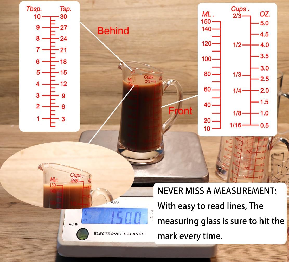 Ackers Glass Measuring Cup 5 Oz/150ml Shot Glass Measuring Cup with V-Spout,Insulated handle