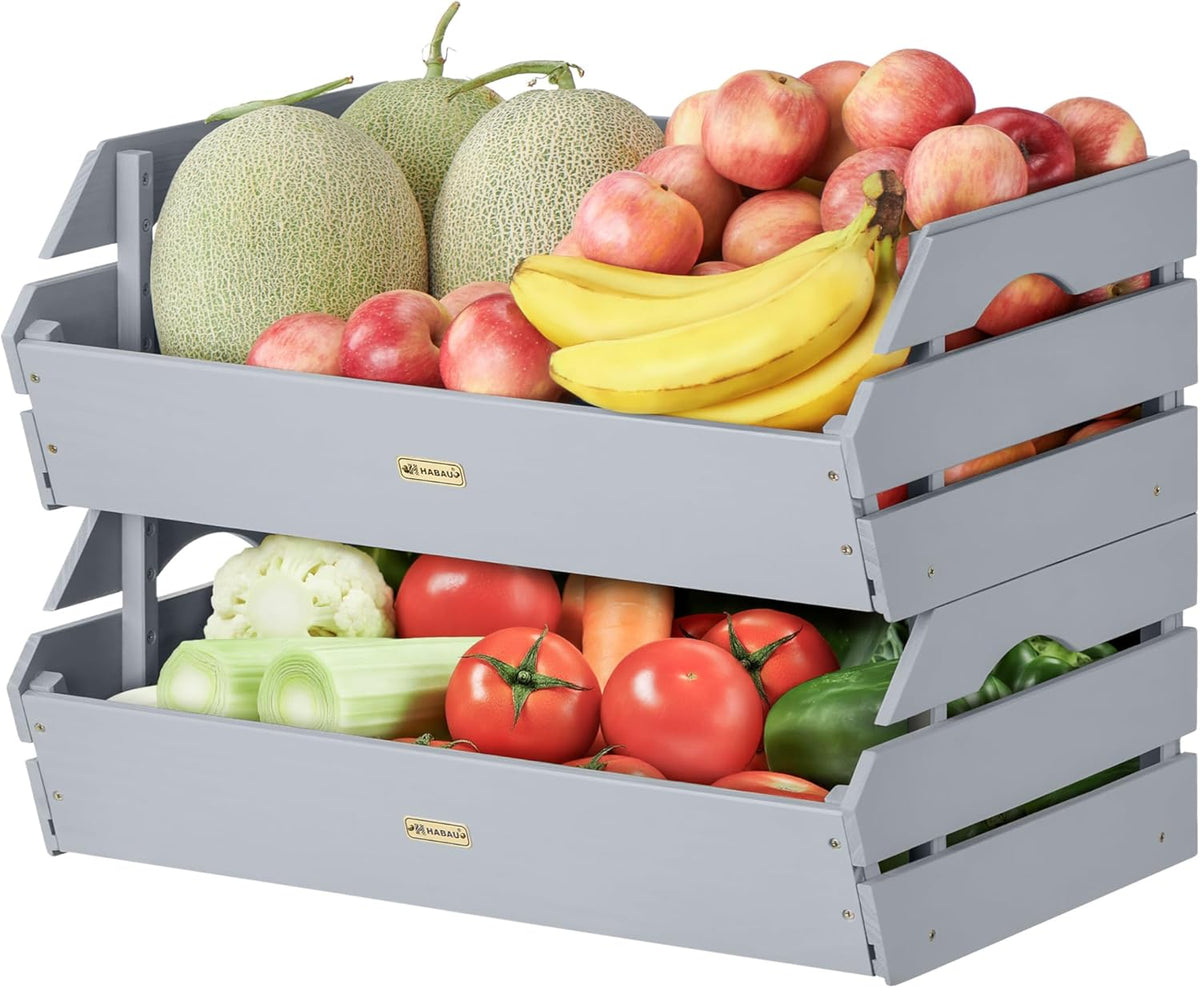 HABAU Wood Potato Onion Storage Bins - Wooden Stackable Produce Basket - Fruit Vegetable Storage for Kitchen Pantry Organization, Set 2 Pieces