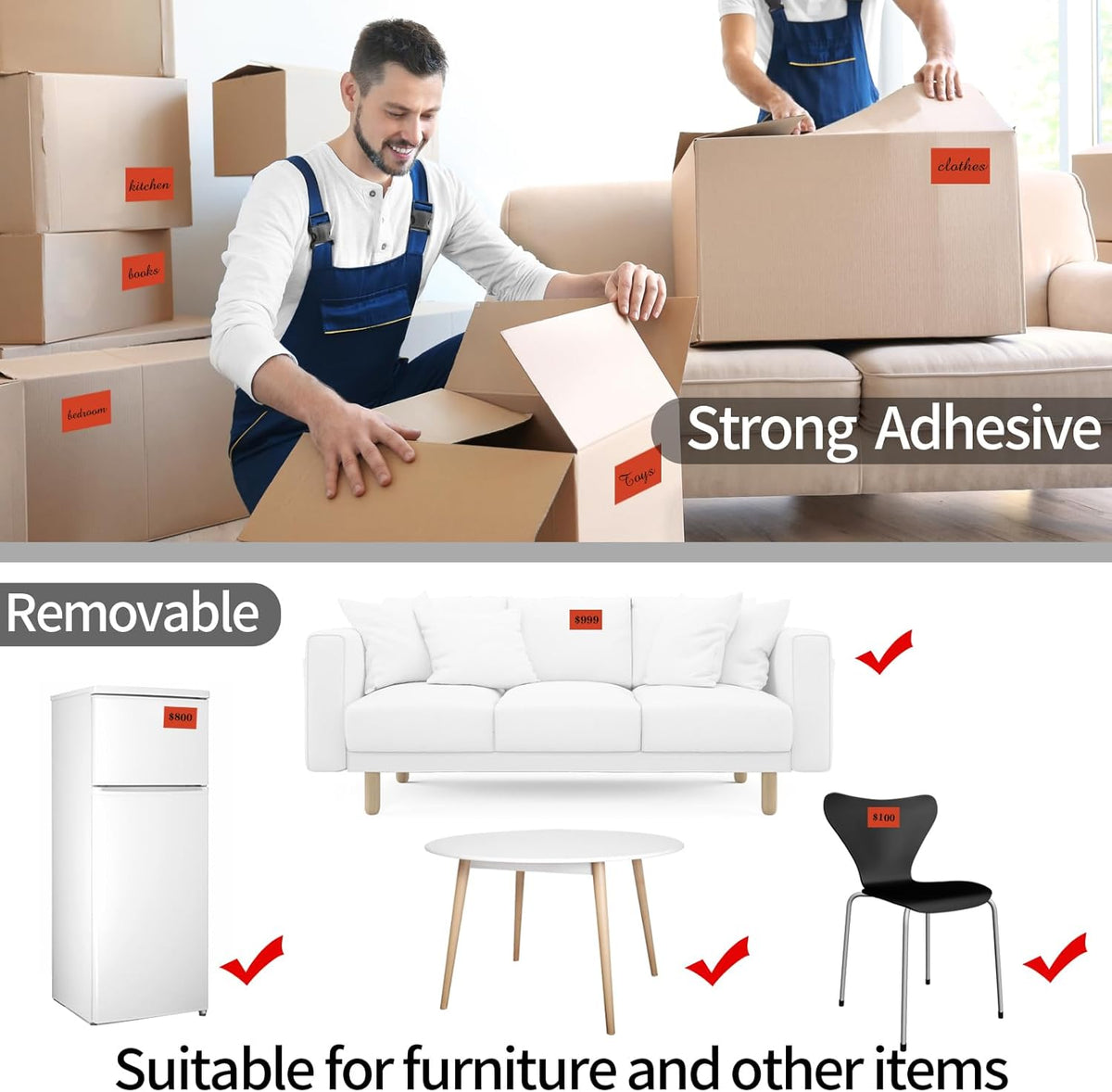STARLIBOO Removable Colored Labels Stickers, 3X5 Inch Removable Large Label Stickers for Moving Boxes and Storage Bins- Waterproof- Tear Resistant (Red)