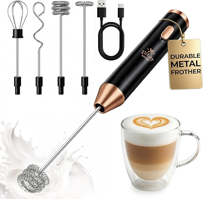 Zulay Kitchen Metal Rechargeable Milk Frother, 3 Whisk Attachments Handheld Frother Wand, 1800mAh USB-C Charging, Electric Drink Mixer for Protein, Matcha & Powders - One Charge Lasts up to 6 Months